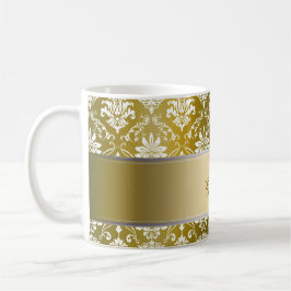 Monogramm-goldener gelber und weißer Damast Tasse