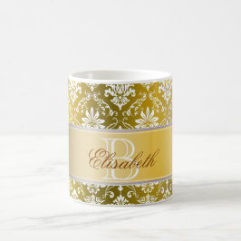 Monogramm-goldener gelber und weißer Damast Tasse