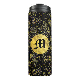 Monogramm-Goldpaisley-Muster auf Schwarzem Thermosbecher