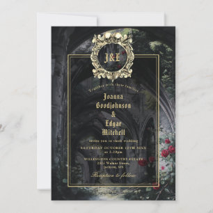 Monogramm Gothic Ruinen Rosen Floral Hochzeit Einladung