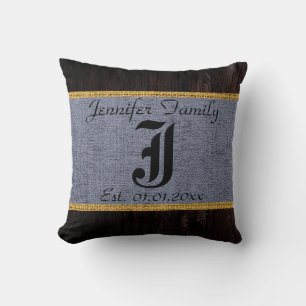 Monogramm Grau Rustikales Jute Leinen Holz Optik Kissen