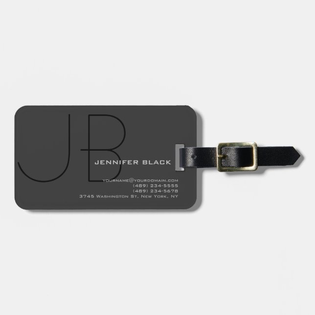 Monogramm Grau Schwarz Modernes Minimalistisch Gepäckanhänger (Vorderseite horizontal)