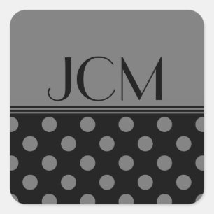 Monogramm Grau/Schwarze Polka-Punkte Quadratischer Aufkleber
