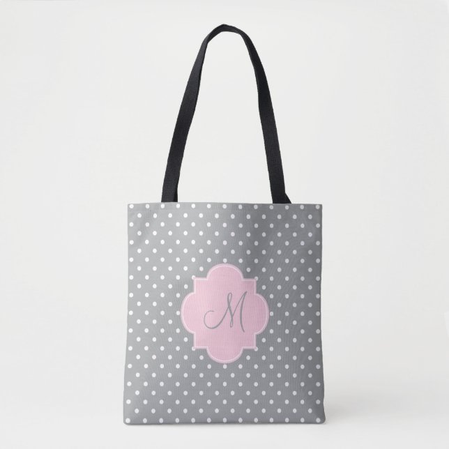 Monogramm, grau, weiß und pastellrosa Polka-Dot (Vorderseite)