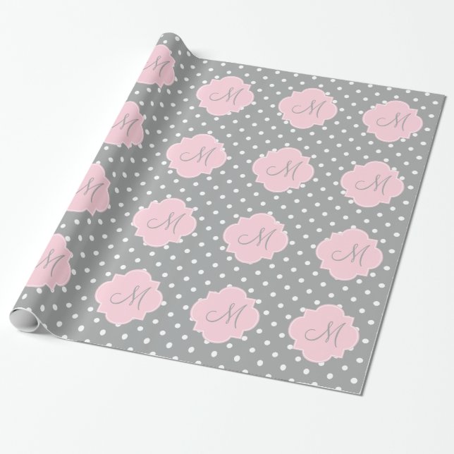 Monogramm, grau, weiß und pastellrosa Polka-Dot Geschenkpapier (Ungerollt)