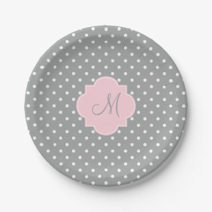 Monogramm, grau, weiß und pastellrosa Polka-Dot Pappteller