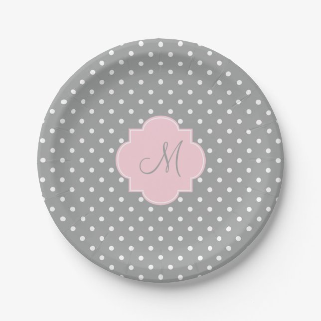 Monogramm, grau, weiß und pastellrosa Polka-Dot Pappteller (Vorderseite)
