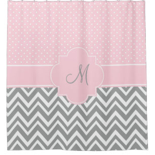 Monogramm Grau Zickzack mit Pastellrosa Polka Dot Duschvorhang