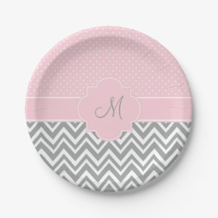 Monogramm Grau Zickzack mit Pastellrosa Polka Dot Pappteller