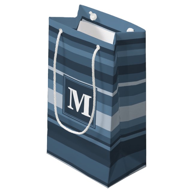 Monogramm graublaue Streifen Kleine Geschenktüte (Vorderseite Schrägansicht)