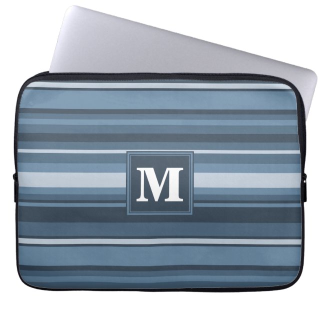 Monogramm graublaue Streifen Laptopschutzhülle (Vorderseite)