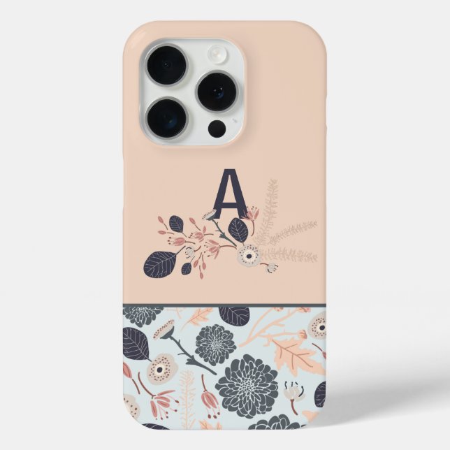 Monogramm Graue blaue Pfirsichblüte Case-Mate iPhone Hülle (Rückseite)