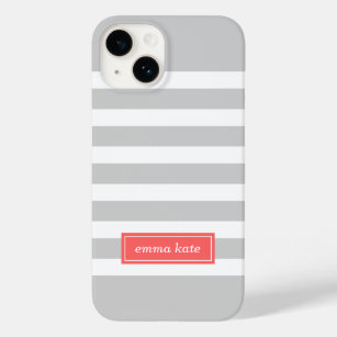 Monogramm graue und korallenvorbereitete Streifen Case-Mate iPhone Hülle