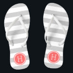 Monogramm graue und korallenvorbereitete Streifen Flip Flops<br><div class="desc">Maßgeschneiderte,  bedruckte Flop-Sandalen mit einem preppy-nautical-Stripe-Muster und einem eigenen Monogramm oder einem anderen Text in einem Circle-Rahmen. Klicken Sie auf Anpassen,  um Schriftart und Farben zu ändern oder eigene Bilder hinzuzufügen,  um ein einzigartiges Design zu erstellen!</div>