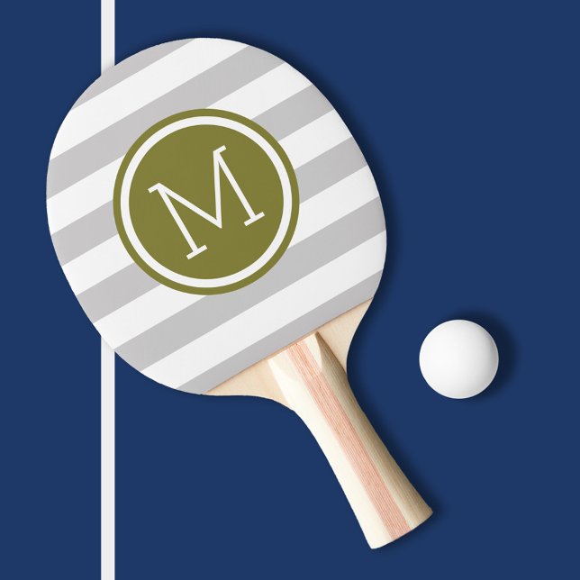 Monogramm graue und olivfarbene Preppy-Streifen Tischtennis Schläger (Von Creator hochgeladen)