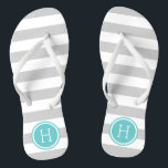 Monogramm graue und türkisfarbene Preppy-Streifen Flip Flops<br><div class="desc">Maßgeschneiderte,  bedruckte Flop-Sandalen mit einem preppy-nautical-Stripe-Muster und einem eigenen Monogramm oder einem anderen Text in einem Circle-Rahmen. Klicken Sie auf Anpassen,  um Schriftart und Farben zu ändern oder eigene Bilder hinzuzufügen,  um ein einzigartiges Design zu erstellen!</div>
