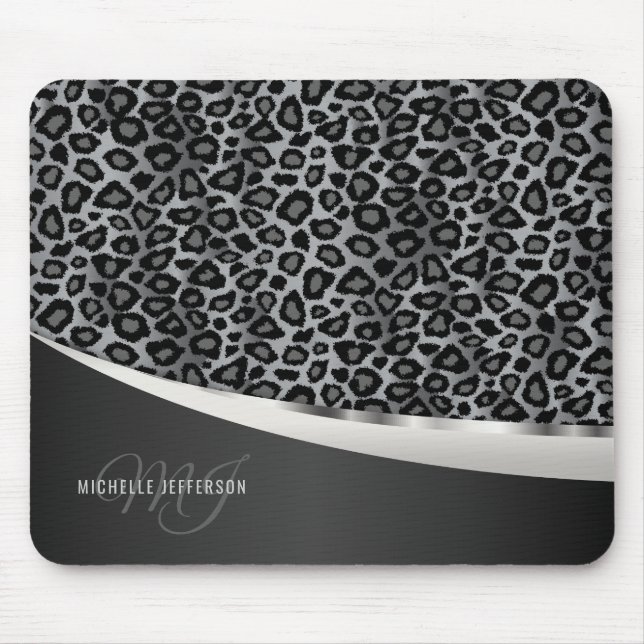 Monogramm - grauer Leopard-Entwurf Mousepad (Vorne)