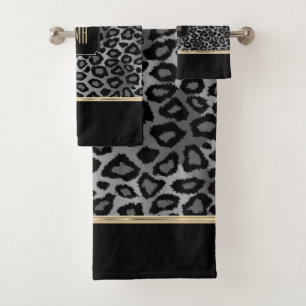 Monogramm Grauer und schwarzer Leopard mit Goldban Badhandtuch Set