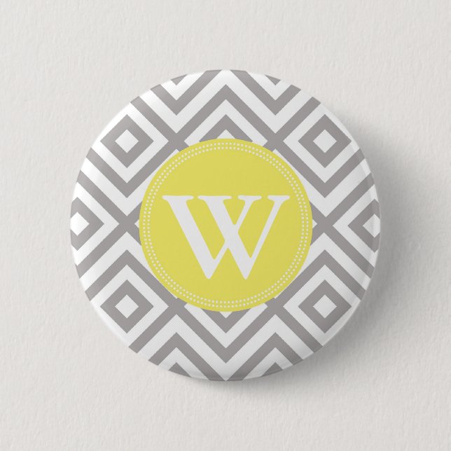 Monogramm-graues und gelbes Zickzack Muster Button (Vorderseite)