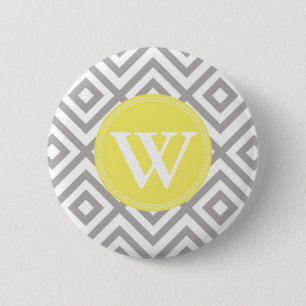 Monogramm-graues und gelbes Zickzack Muster Button