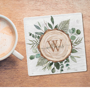 Monogramm Grün Eukalyptus Blätter Foliage Holz Glasuntersetzer