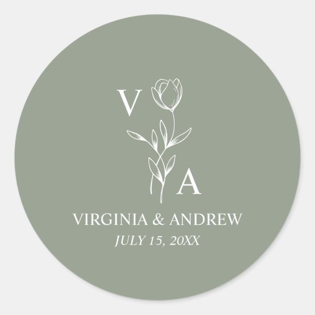 Monogramm Grün Minimalistischer Boho-Hochzeit Klas Runder Aufkleber (Vorderseite)