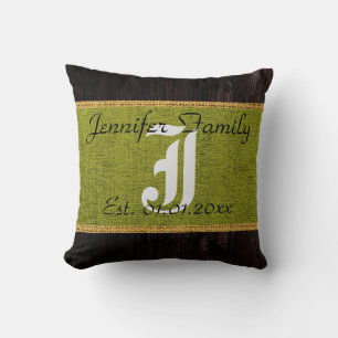Monogramm Grün Rustikales Jute Leinen Holz Optik Kissen