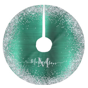 Monogramm Grün Silber Glitter Girly Glam Polyester Weihnachtsbaumdecke
