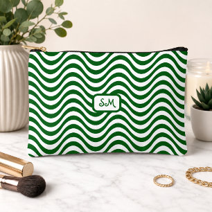 Monogramm Grün Weiße Wellenstreifen Retro Chic Zubehörtasche