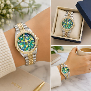 Monogramm Grüne Abstrakte Fliesen Grüne Wasserfarb Armbanduhr