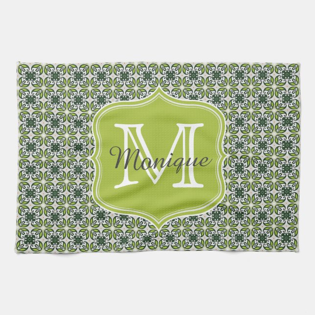 Monogramm Grüne Blumen Muster Geschirrtuch (Horizontal)