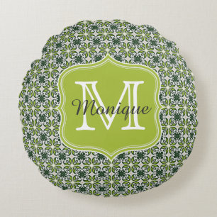 Monogramm grüne Blumen Muster Rundes Kissen