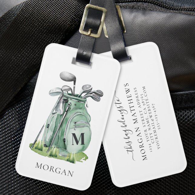 Monogramm Grüne Golftasche Gepäckanhänger (Monogram Green Golf Bag Luggage Tag)