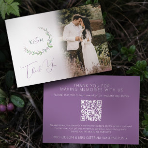 Monogramm grüne lila Beere Hochzeit Foto QR Code Dankeskarte