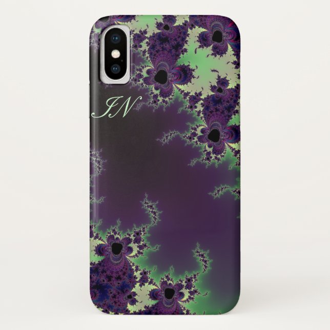 Monogramm-grüne lila Fraktal-Blume Case-Mate iPhone Hülle (Rückseite)