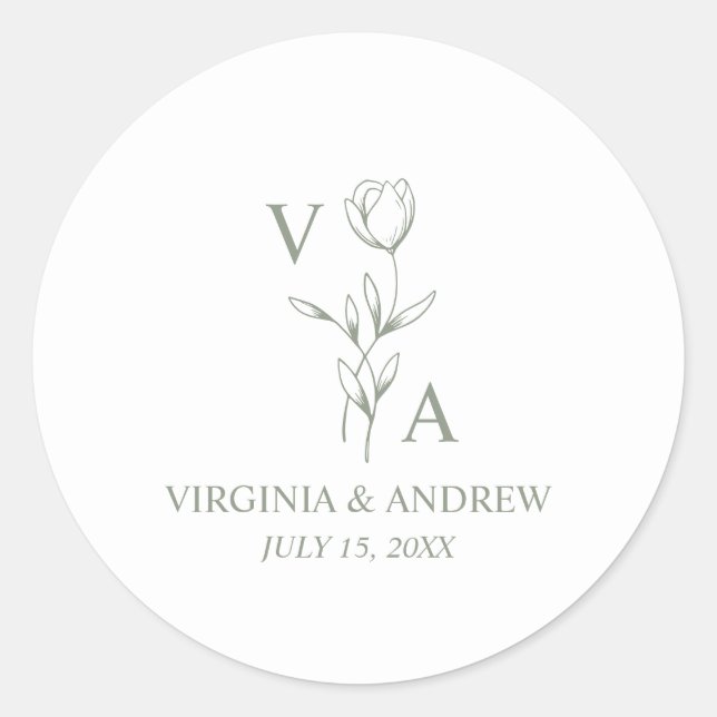 Monogramm Grüne Minimalistische Boho-Hochzeit  Runder Aufkleber (Vorderseite)