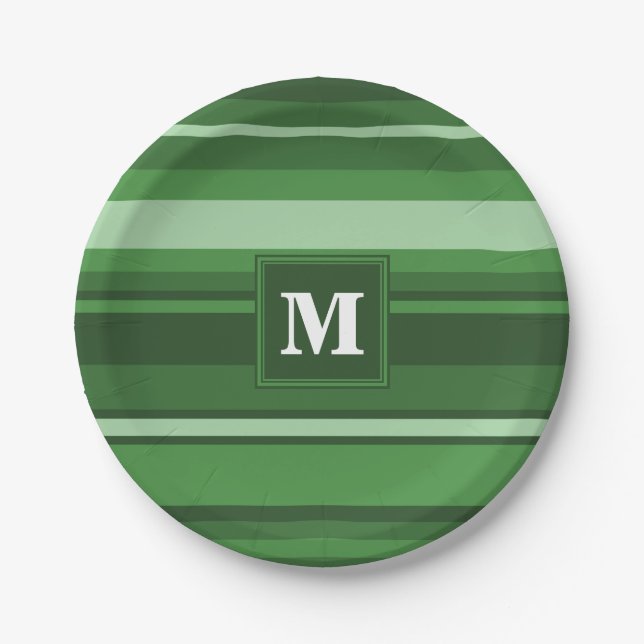 Monogramm grüne Streifen Pappteller (Vorderseite)