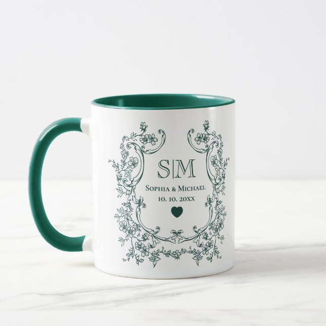 Monogramm Grüner Blumenkranz Hochzeit Tasse (Links)