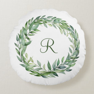 Monogramm-Grüner-Eukalyptus-Kranz Grünzeug Blätter Rundes Kissen