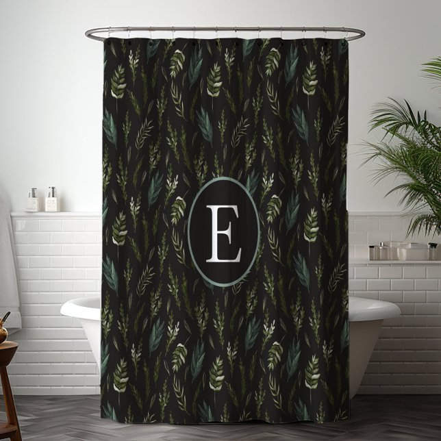 Monogramm Grünes Blätter Botanisches Muster Duschvorhang (In situ bathroom)