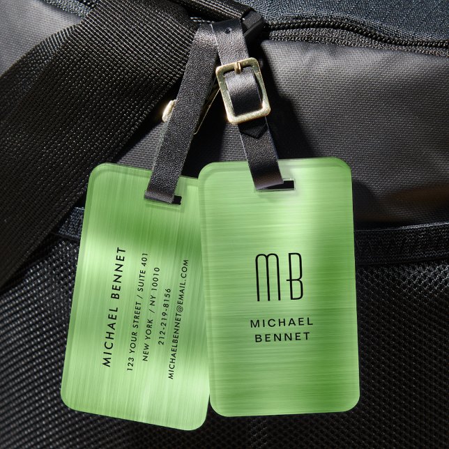 Monogramm grünes Bürstenmetall Gepäckanhänger (Monogram Green Brushed Metal Luggage Tag)