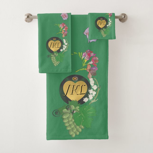 Monogramm Grünes Obst und Blüten Badhandtuch Set (Insitu)
