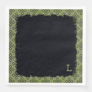 Monogramm, grünes und schwarzes Retro-Muster Serviette