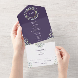 Monogramm Grünpflanzen Blumen Lila Hochzeit All In One Einladung