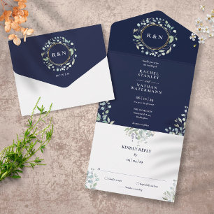 Monogramm Grünpflanzen Blumen Navy Blau Hochzeit All In One Einladung