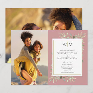 Monogramm Grünzeug Dusty Rose Foto-Hochzeit Einladung