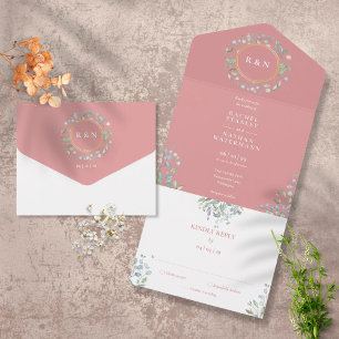 Monogramm Grünzeug Floral Dusty Rose Hochzeit All In One Einladung