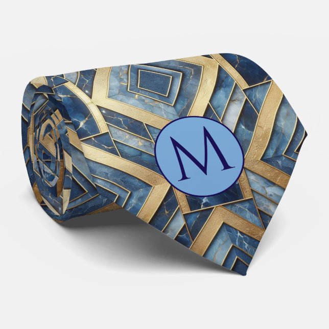 Monogramm-Halstuch aus falscher Seide | Blau + Gol Krawatte (Gerollt)