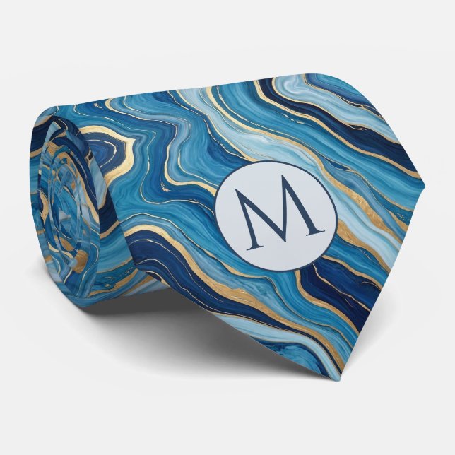 Monogramm-Halstuch aus Faux-Seide | Blau + Goldmar Krawatte (Gerollt)
