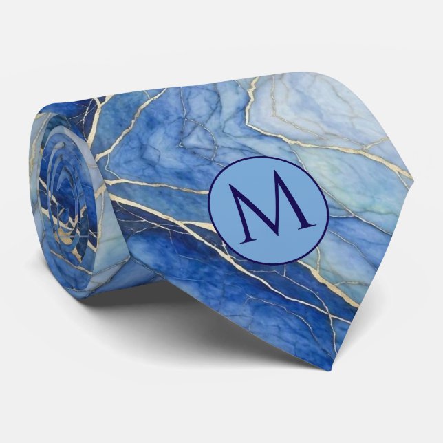 Monogramm-Halstuch aus Faux-Seide | Blau + Goldmar Krawatte (Gerollt)